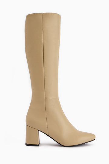 Velma – Genuine Leather Beige Heeled Knee-High Boot (Women)