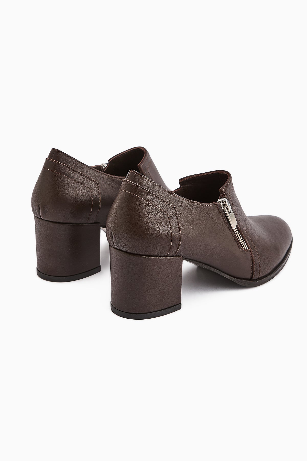 Leona Genuine Leather Brown Zipper Detailed Women's Heels