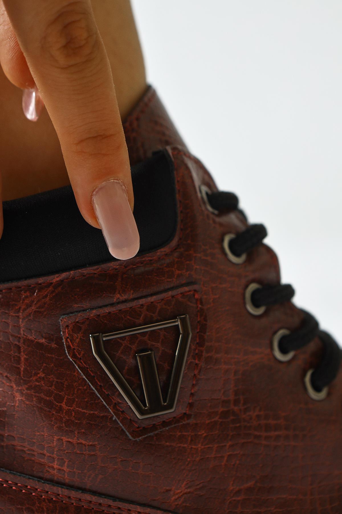 Amona Burgundy Shiny Stone Detailed Lace-Up Boot