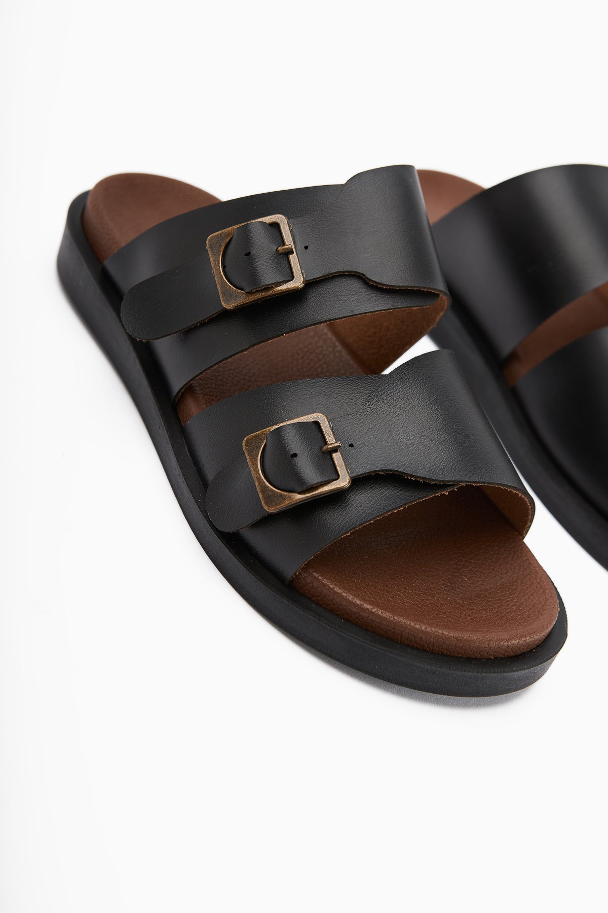 Soha – Black Leather-Look Double-Strap Flat Sole Slide (Women)