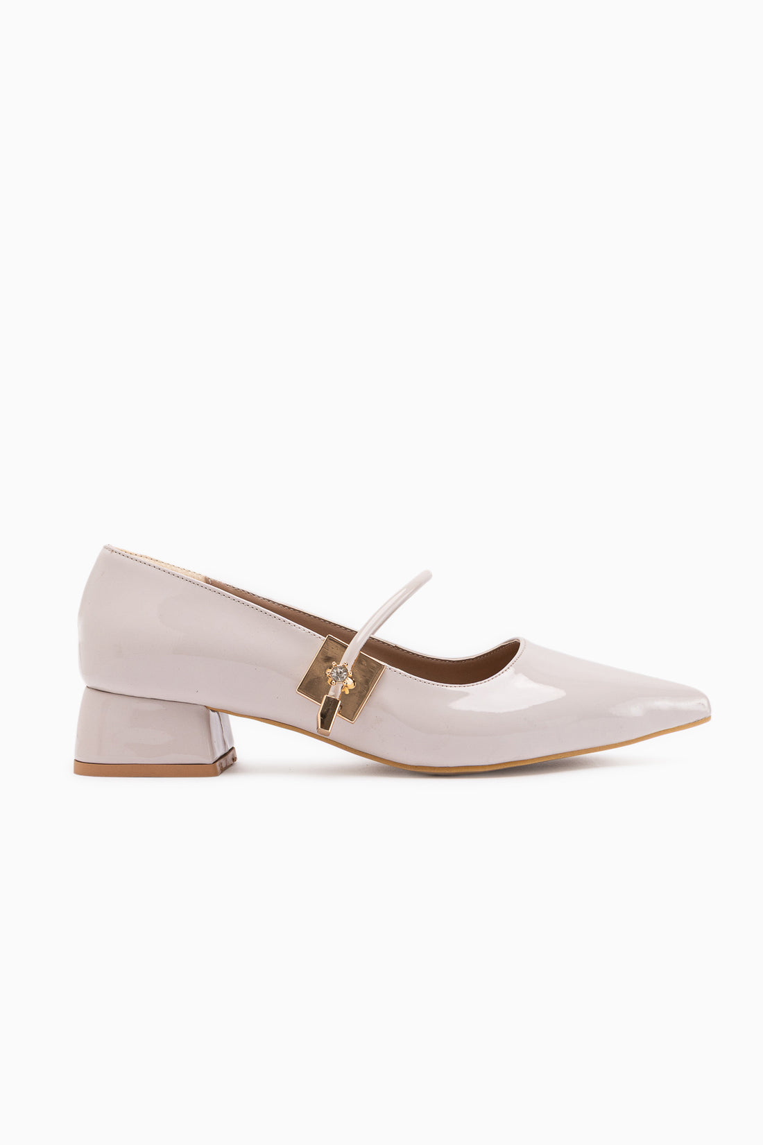 Micha Beige Patent Pointed Toe Single Strap Buckle Detailed Women’s Daily Shoes