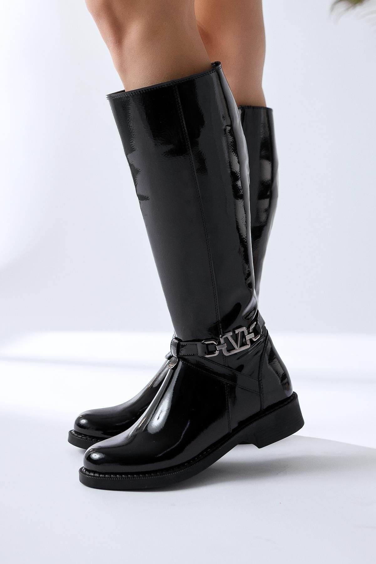 Momena – Black Patent Buckle-Detail Zippered Low-Heel Knee-High Boot (Women)