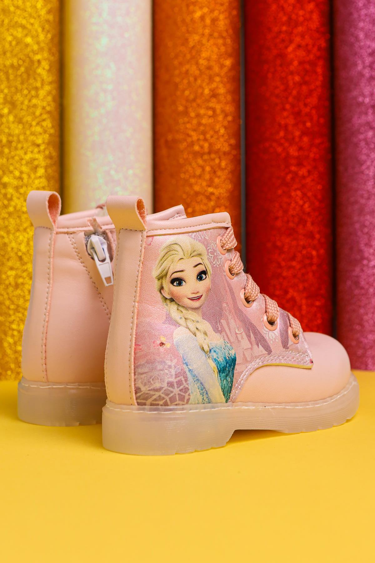 Ester Powder Pink Striped Character Print Lace-Up Light-Up Baby Boots