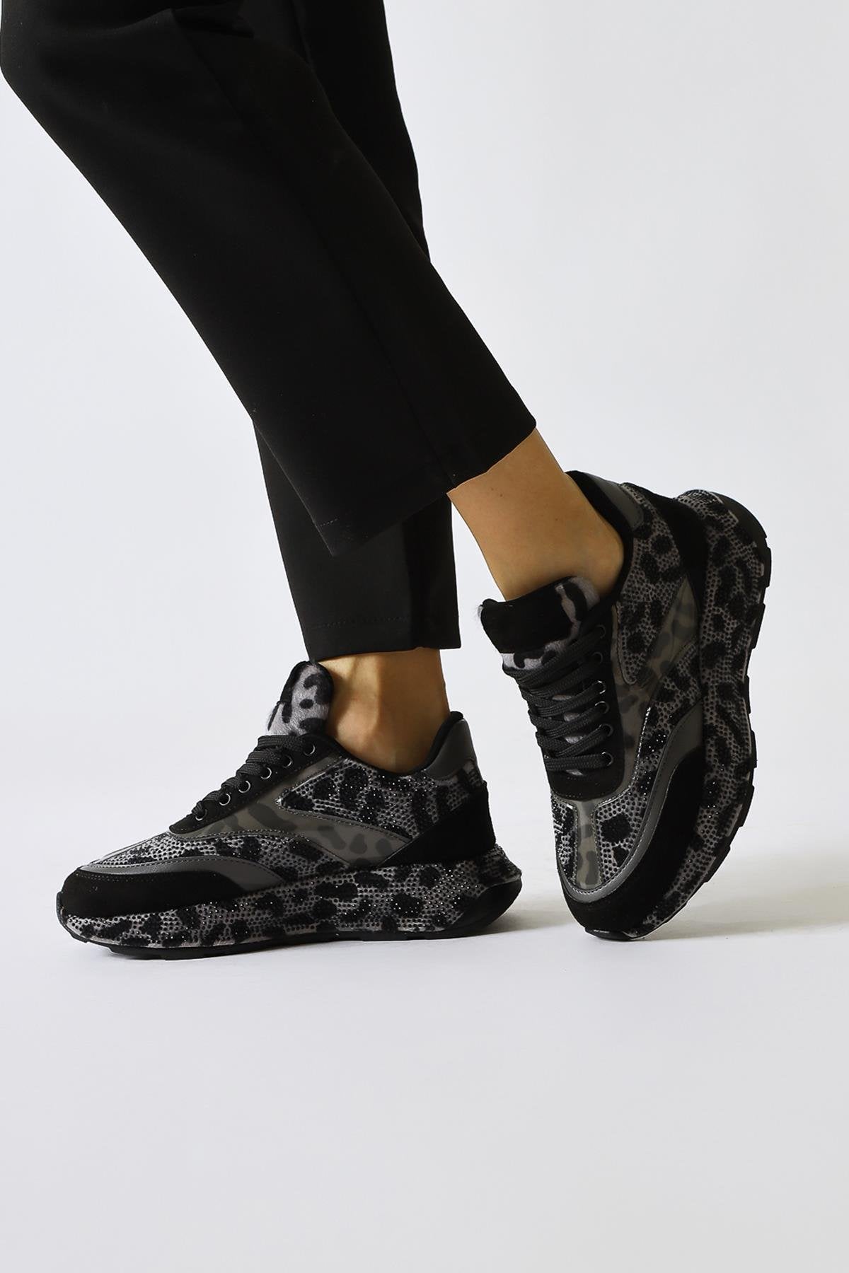 Kada Gray Leopard Print Sneakers with Gem Detail