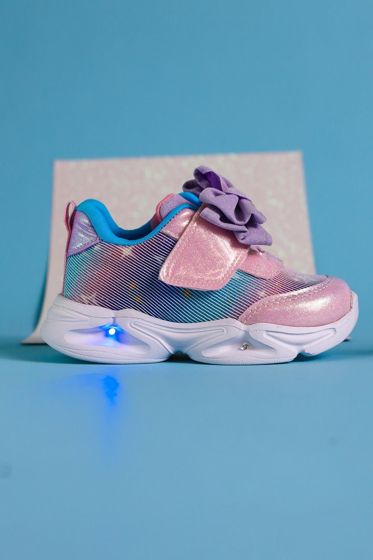 Feliz Powder Pink Bow Detailed Sparkling Baby Sports Shoes with Snaps