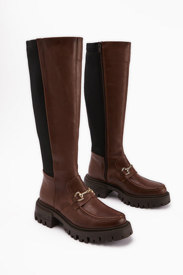 Meli Tan Wide Calf Stretch Buckle Detailed Fabric Boots