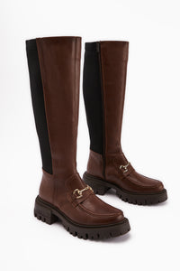 Meli Tan Wide Calf Stretch Buckle Detailed Fabric Boots