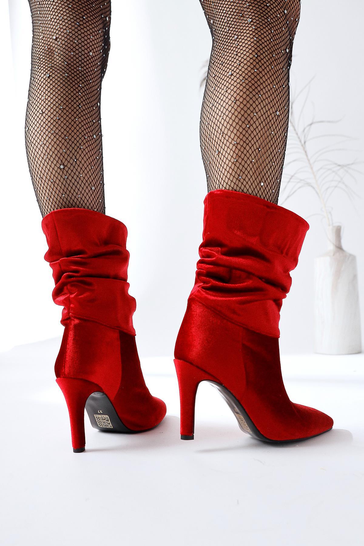 Wilma – Red Velvet Gusseted Slim Heel Boot (Women)