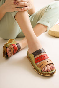 Joelle Green Comfort Slippers with Laser Cut in Genuine Leather
