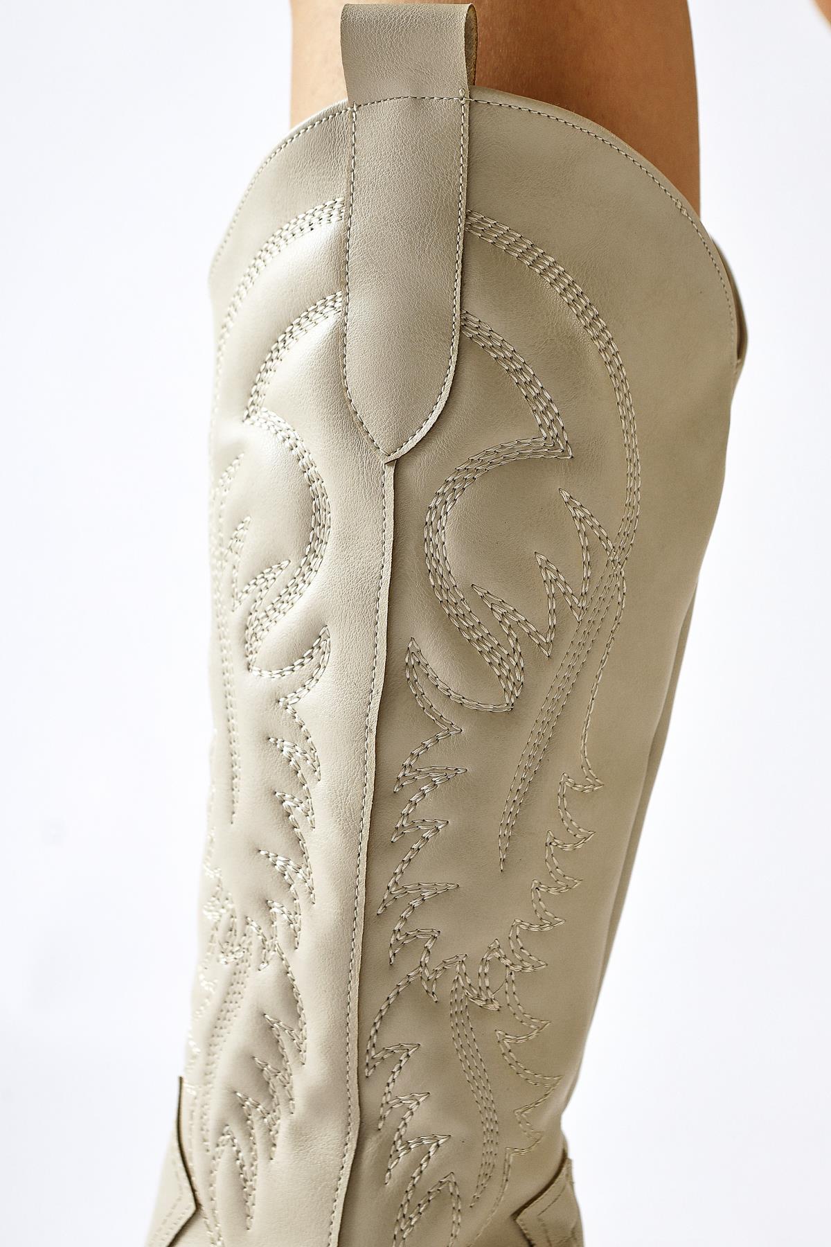 Florida – Beige Embroidery-Detail Pointed-Toe Western Knee-High Boot (Women)