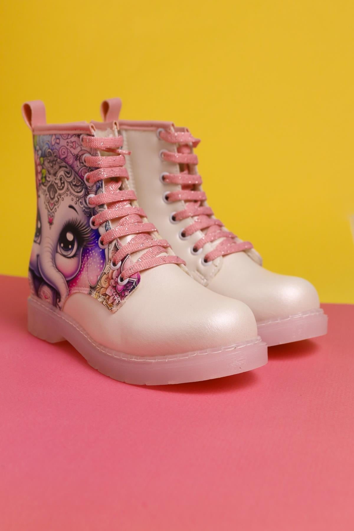 Elodie Mother of Pearl Cartoon Character Print Lace-Up Kids' Boots