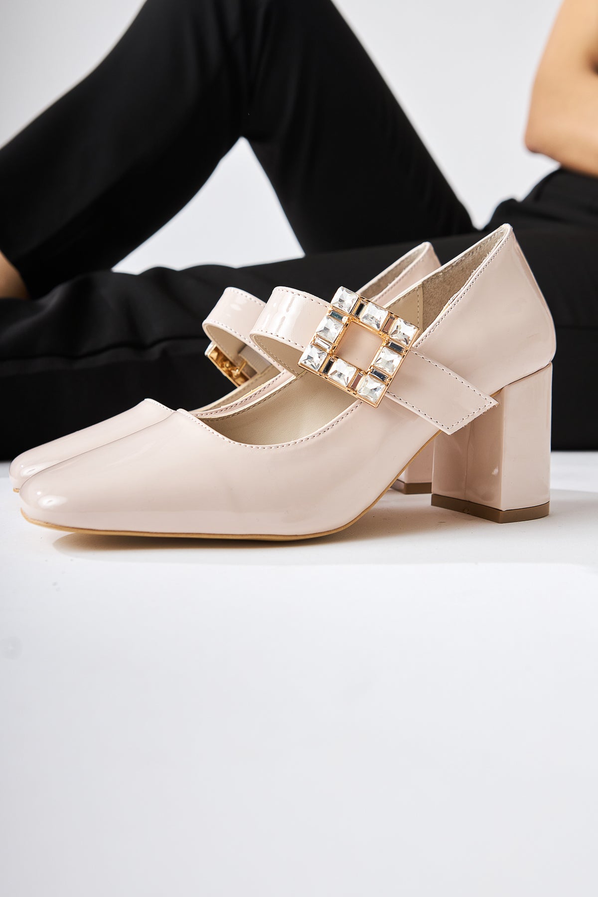 Liss Beige Patent Square-Toed Women’s Heeled Shoes