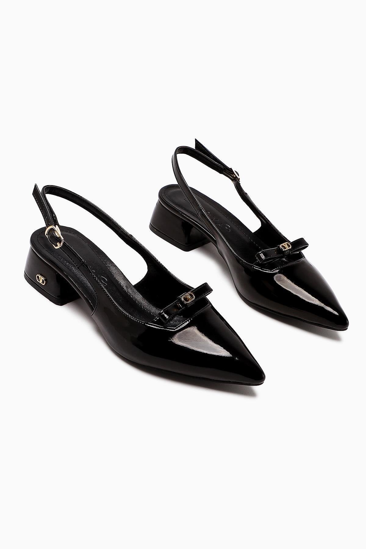 Sevy Black Patent Buckle Detailed Women’s Short Heeled Shoes