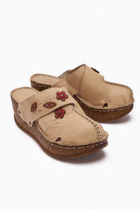 Genuine Leather Alto Beige Wedge Slippers with Vintage Sole Comfort Slippers