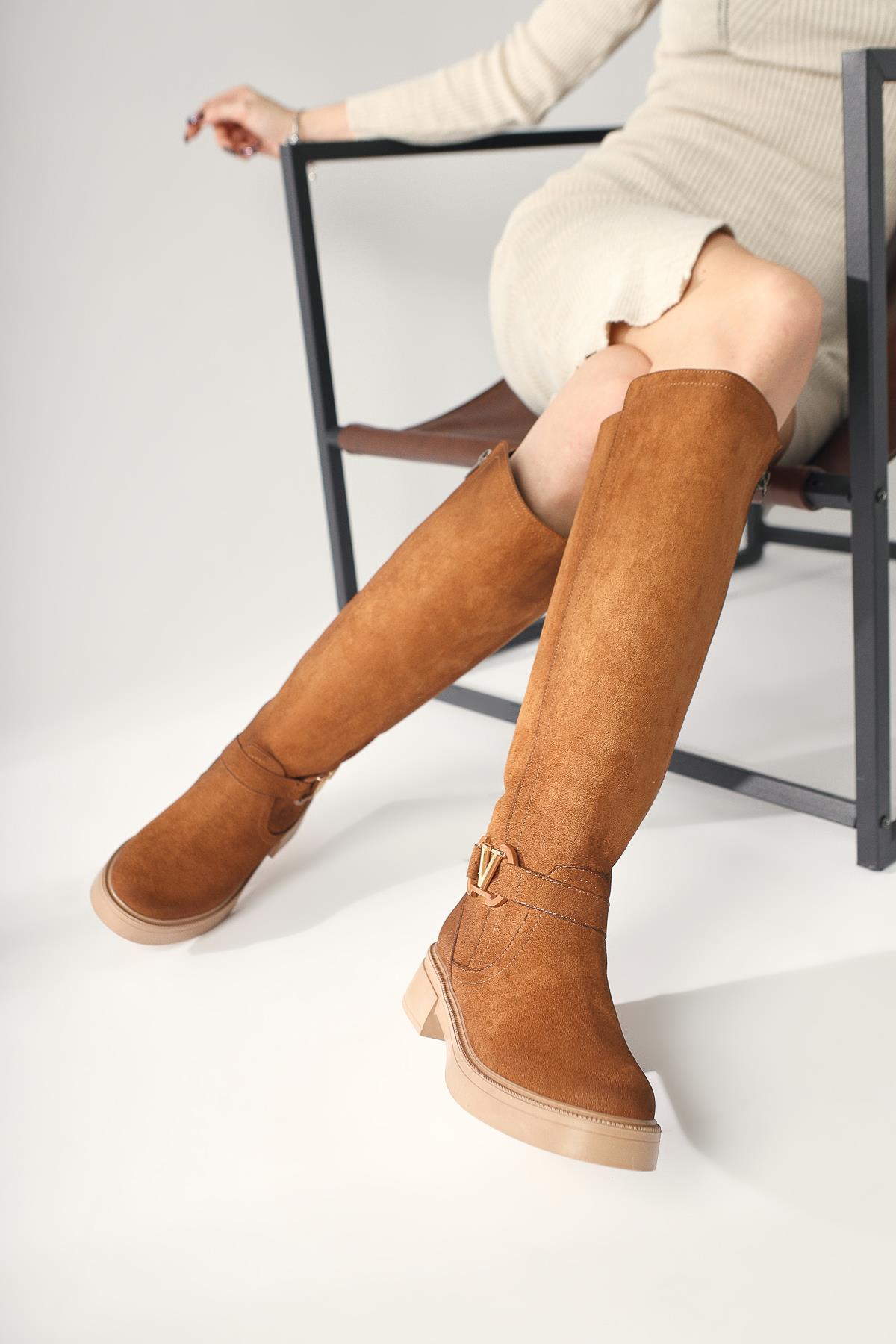 Ginan – Cognac Suede Buckle-Detail Low Heel Zipper Knee-High Boot (Women)