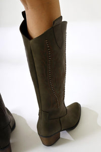 Fizaro Khaki Pointed Toe Embroidered Studded Western Boot