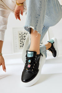 Deena Black Chunky Sole Stone Detail Sneakers