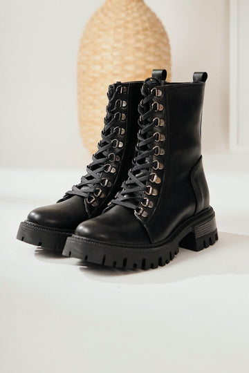 Suzette – Black Lace-Up Thick-Sole Boot (Women)