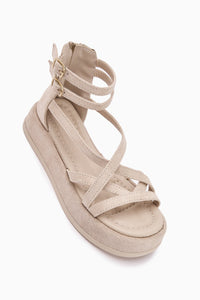 Sara Nude Suede Women's Sandal with Cross Straps, Thick Sole, Ankle Buckle