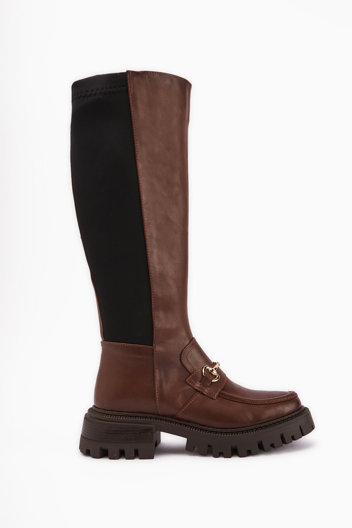 Meli Tan Wide Calf Stretch Buckle Detailed Fabric Boots