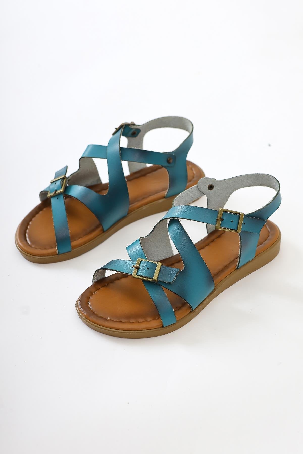 Belize Genuine Leather Turquoise Cross-Strap Sandals