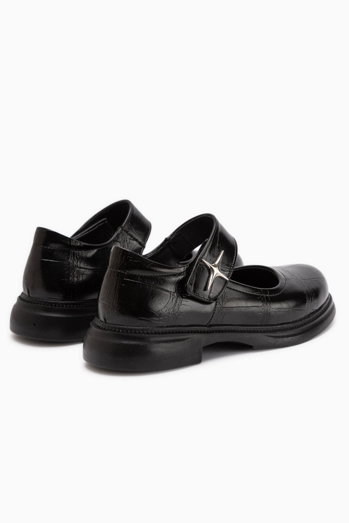 Rozalin Black Crocodile Strap Thick Sole Women’s Mary Jane Ballet Flats
