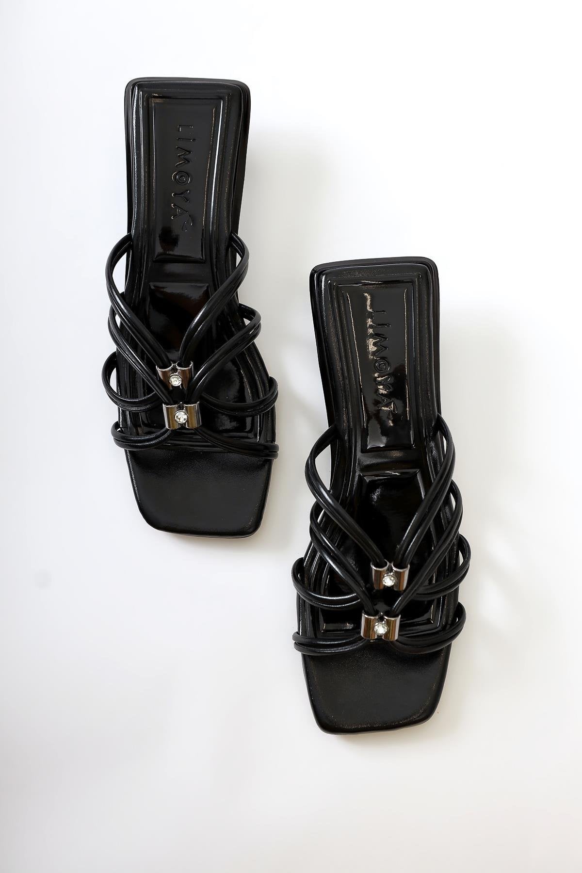 Seyda Black Patent Leather Thin Strap Sandals with Stone Detail
