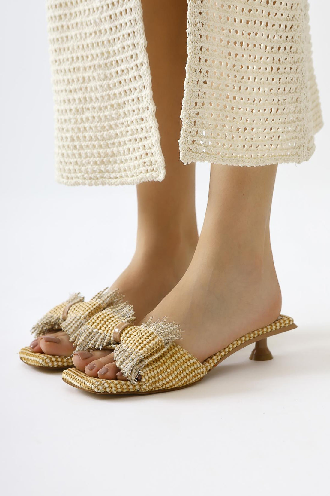 Tonka Nude Straw Bow-Tied Low Heel Slippers