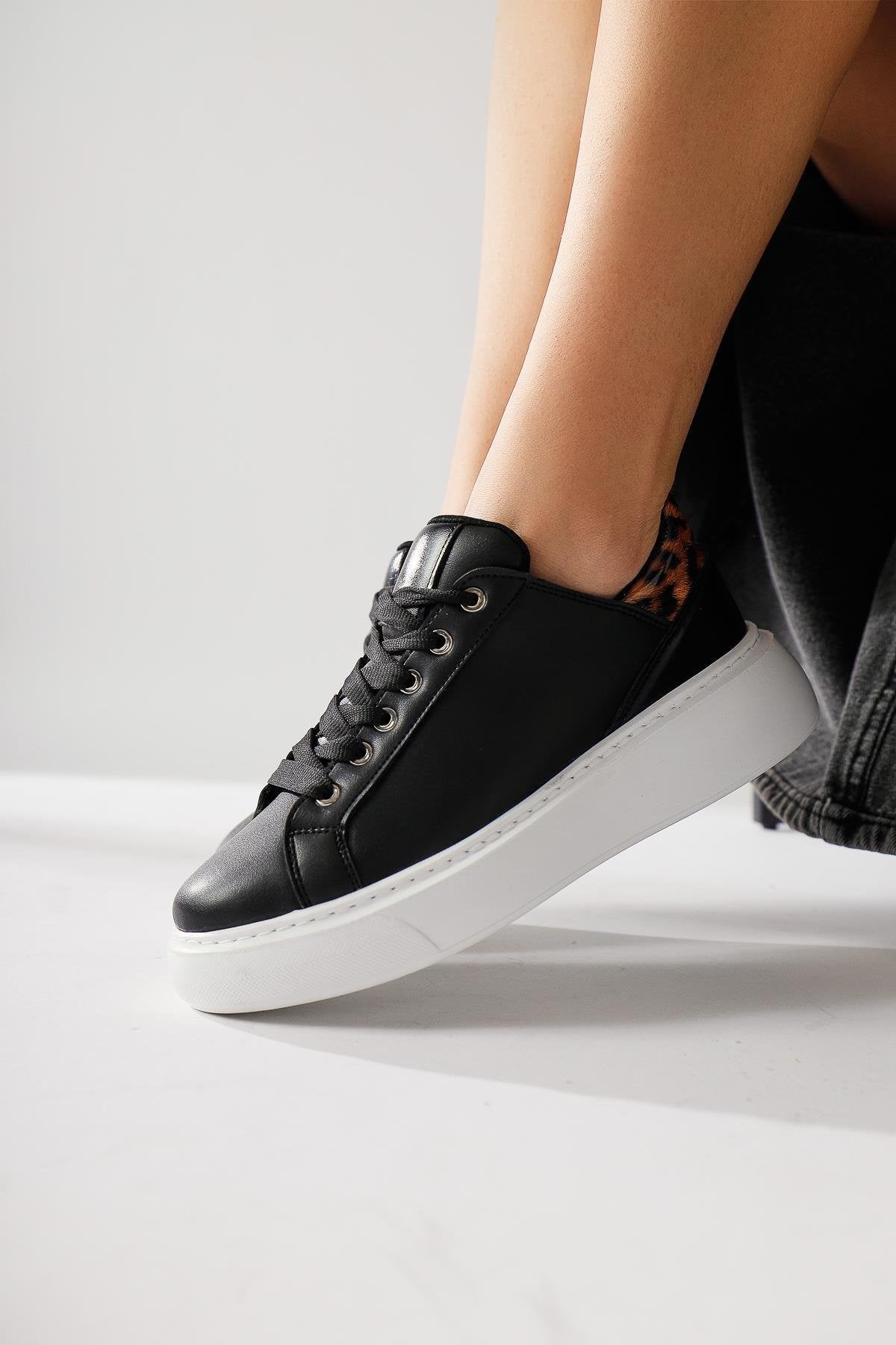 Tinka Black Thick Sole Leopard Detail Sneakers