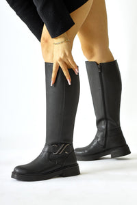 Birgita Black Zip-Up Boots with Buckle Detail