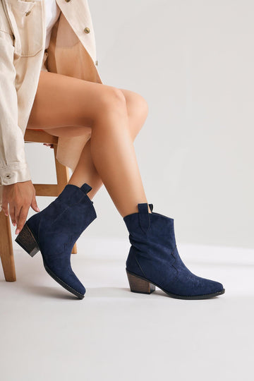 Joo – Navy Suede Pointed-Toe Embroidered Western Boot