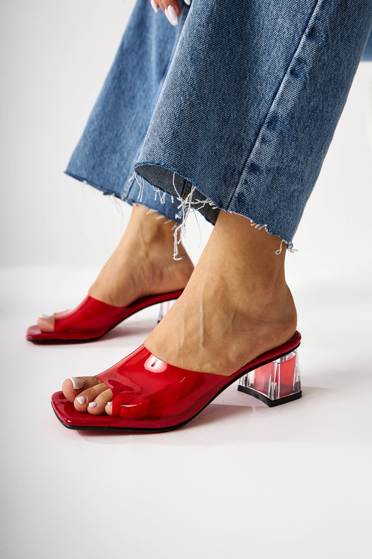 Persa - Red Transparent-Strap Transparent-Heeled Slide (Women)