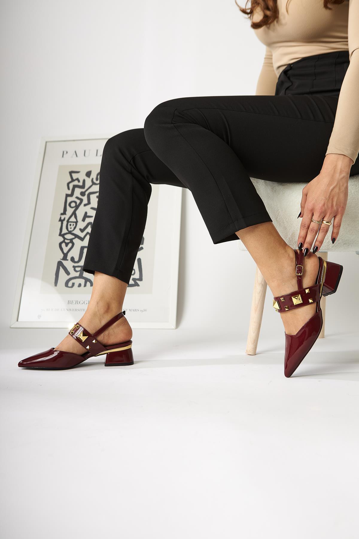 Nicoline Burgundy Patent Pointed Toe Pyramid Studded Women’s Heeled Shoes