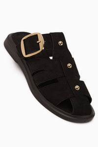 Joella Black Suede Buckled Women’s Slippers