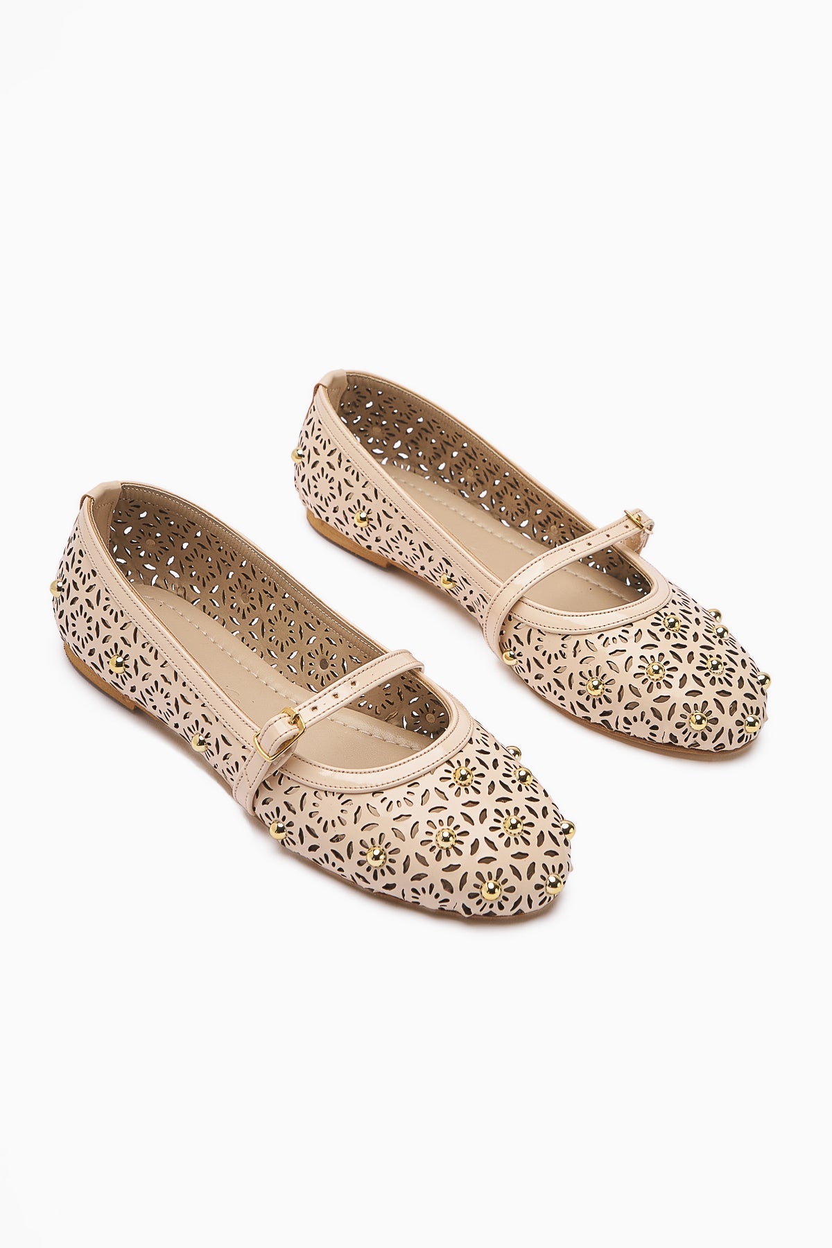 Jara Cream Ethnic Patterned Perforated Women's Ballet Shoe