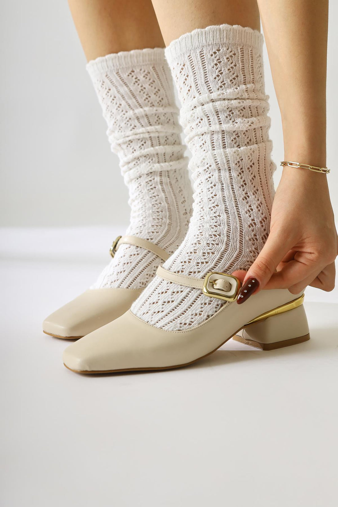 Abby Beige Square-Toe Buckle-Detailed Casual Shoes