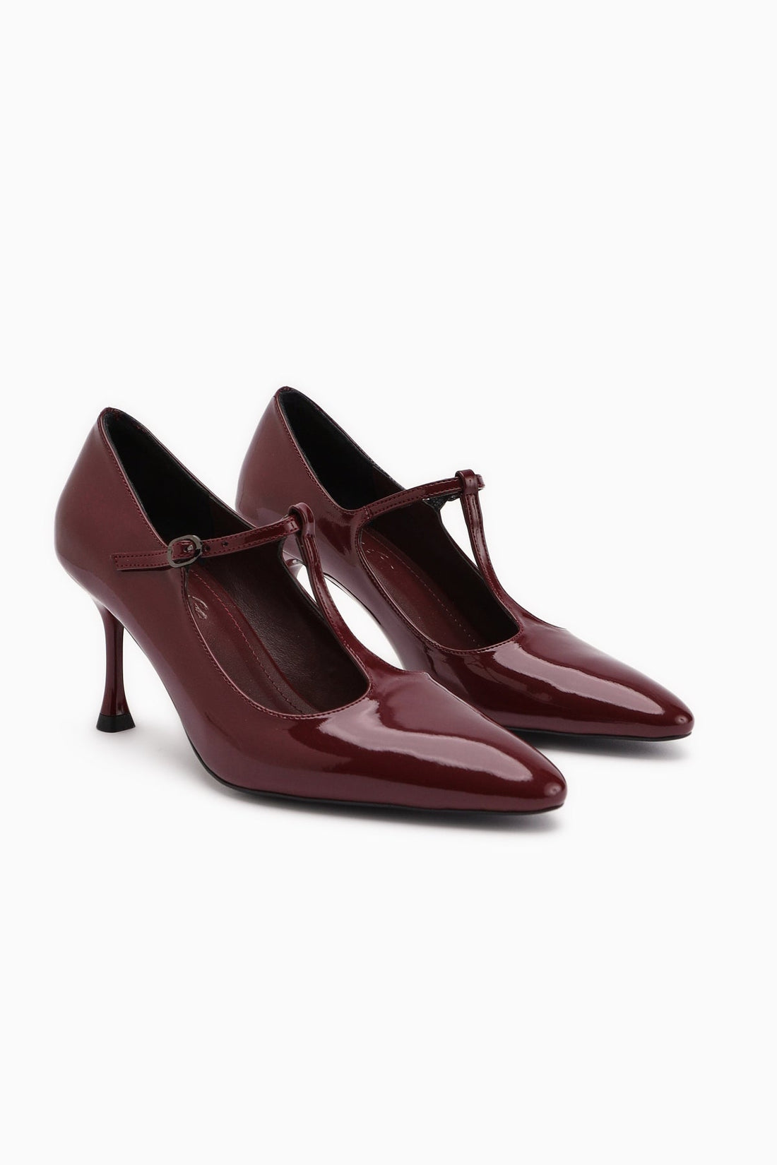 Sania Burgundy Patent Leather Belted High-Heeled Women's Shoe