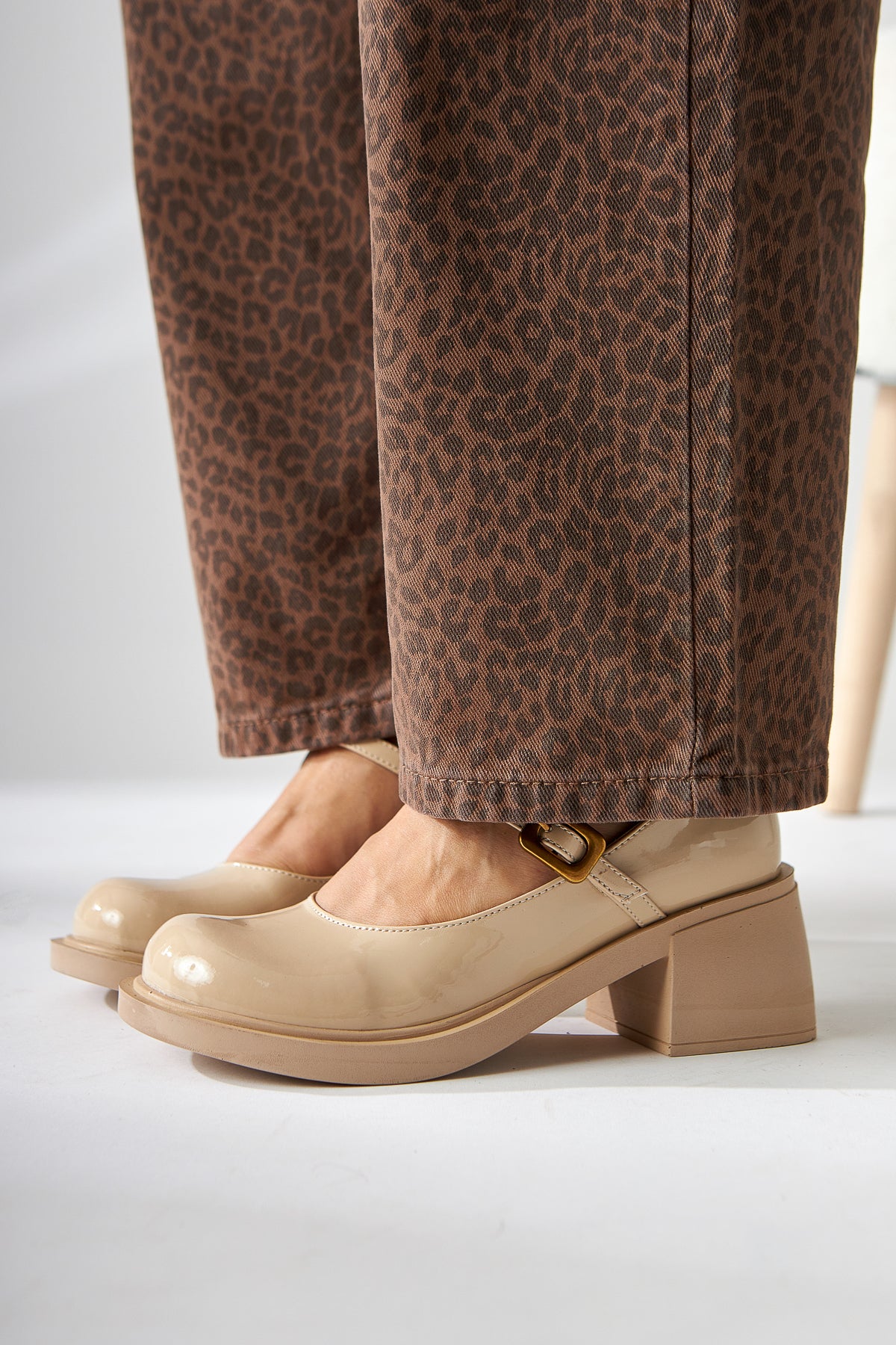 Mirka Beige Patent Strap Women’s Loafer Shoes