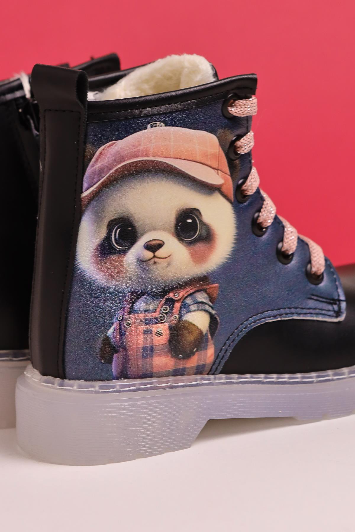 Liam Black Striped Character Print Lace-Up Kids' Boots