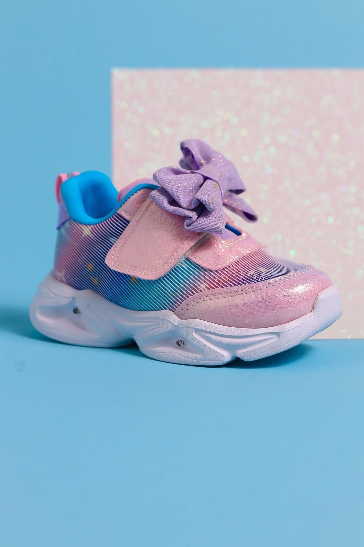 Feliz Powder Pink Bow Detailed Sparkling Baby Sports Shoes with Snaps