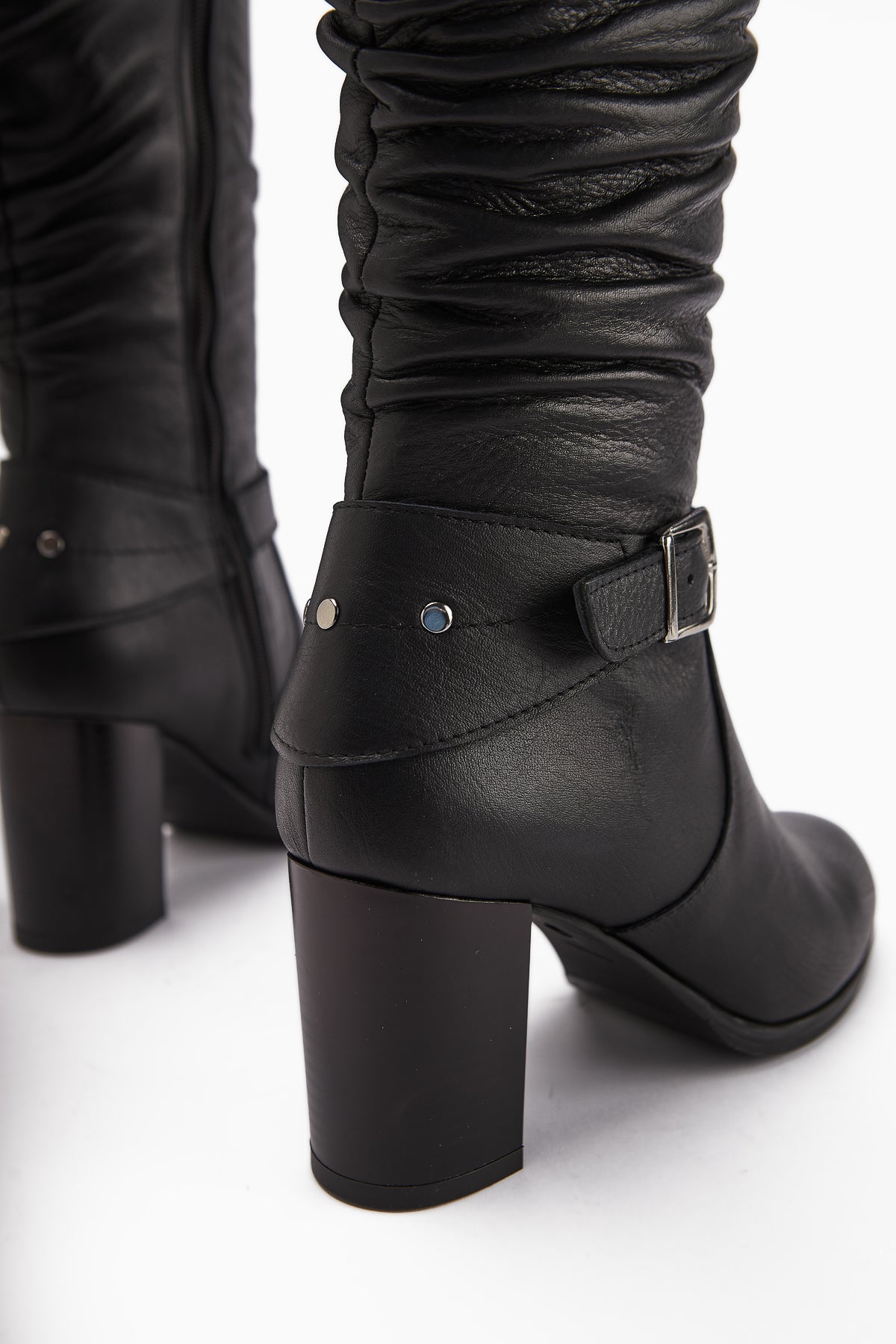 Ting Genuine Leather – Black Buckle-Detail Heeled Knee-High Boot (Women)