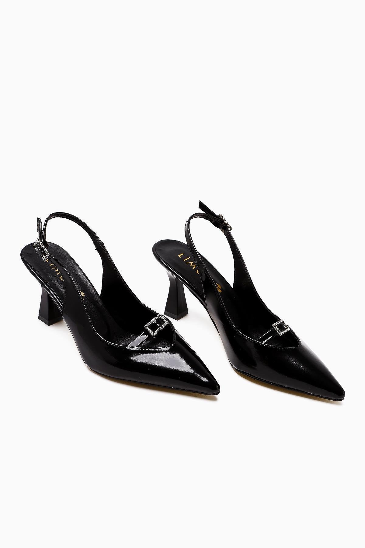 Chiara Black Patent Pointed Toe Stone Detail Women’s Heeled Shoes