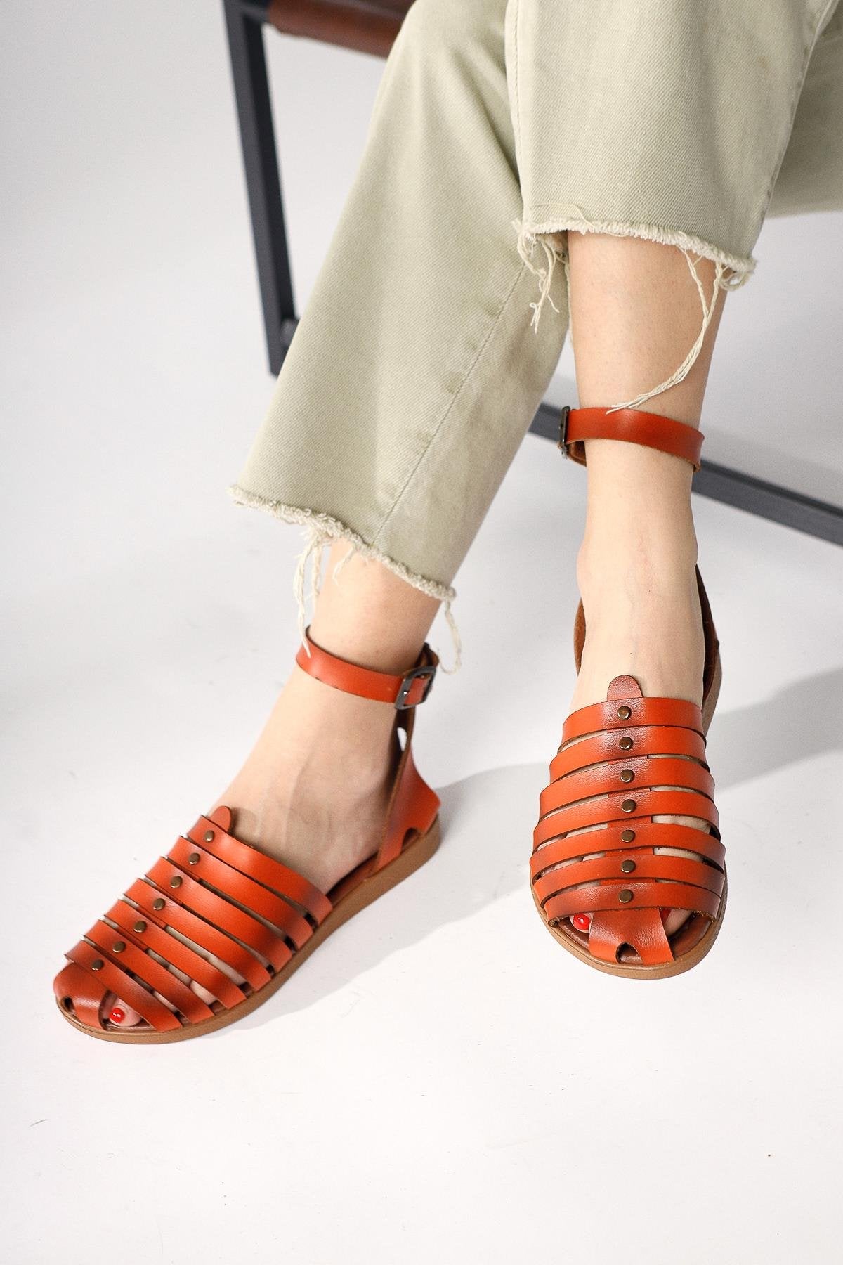 Helen Genuine Leather Orange Toe-Covering Bodrum Sandals