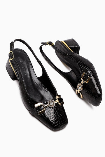 Tai Black Crocodile Stone Detailed Women’s Heeled Shoes
