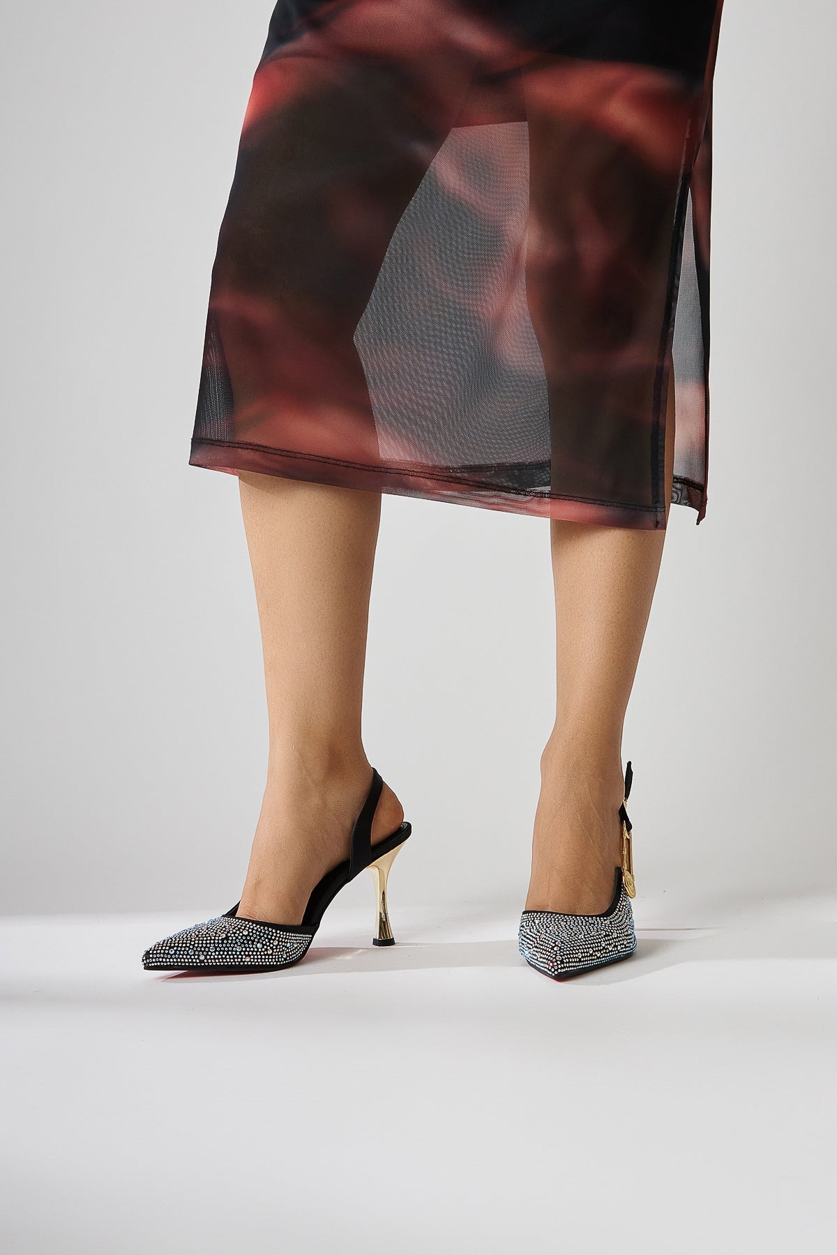 Denise – Silver; Beige/Light-Gold Tones Stone-Embellished Shiny Ankle-Tie Pointed-Toe Slim Heel Open-Back Ankle-Strap Gold-Chain Side Accessory Shoe (Women)