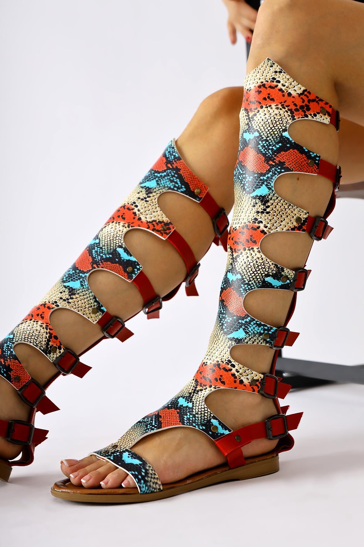 Lilith Genuine Leather Red Gladiator Sandals with Snake Skin Pattern