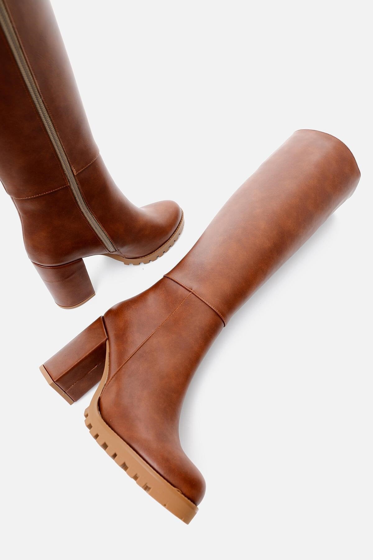 Elias – Cognac Zippered Platform Block Heel Knee-High Boot (Women)