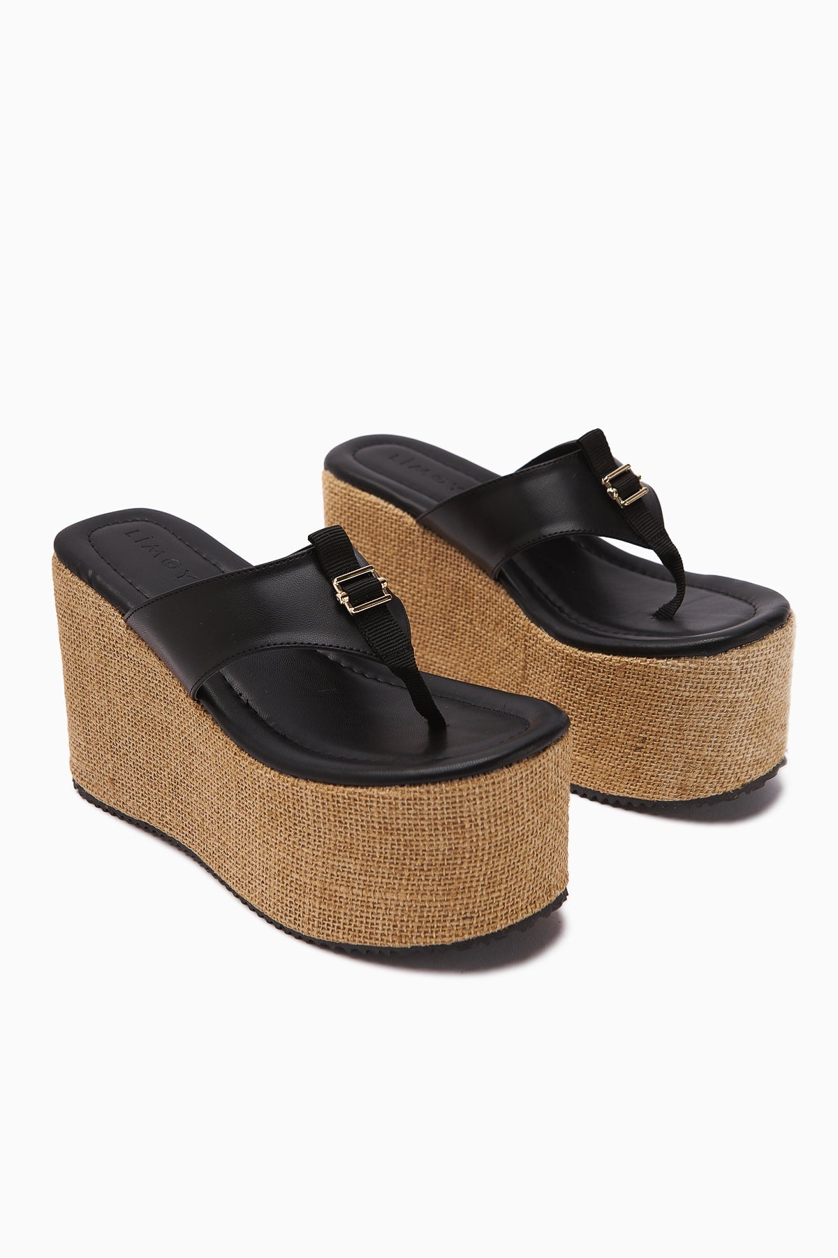 Tania Black Toe-Post Straw-Soled Wedge Women's Slippers