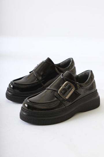Evrim Black Patent Leather Buckle Detailed Daily Shoes