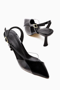 Aliah Black Patent Leather Pointed Toe Pumps with Transparent Detail